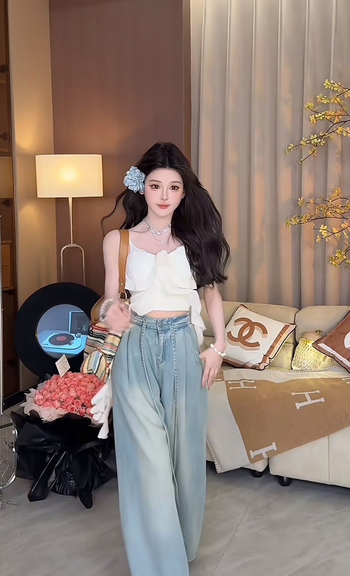 悠然小姐 玫瑰抹胸牛仔阔腿裤套装 Miss Serenity Rose Denim Tube Top and Wide-Leg Pants Set
