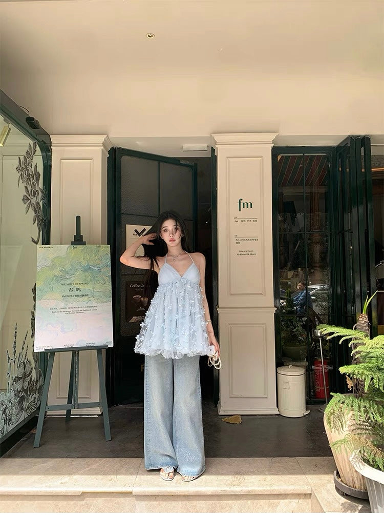 蓝色精灵 立体花朵挂脖吊带连衣裙 Blue Fairy 3D Floral Halter Neck Cami Dress