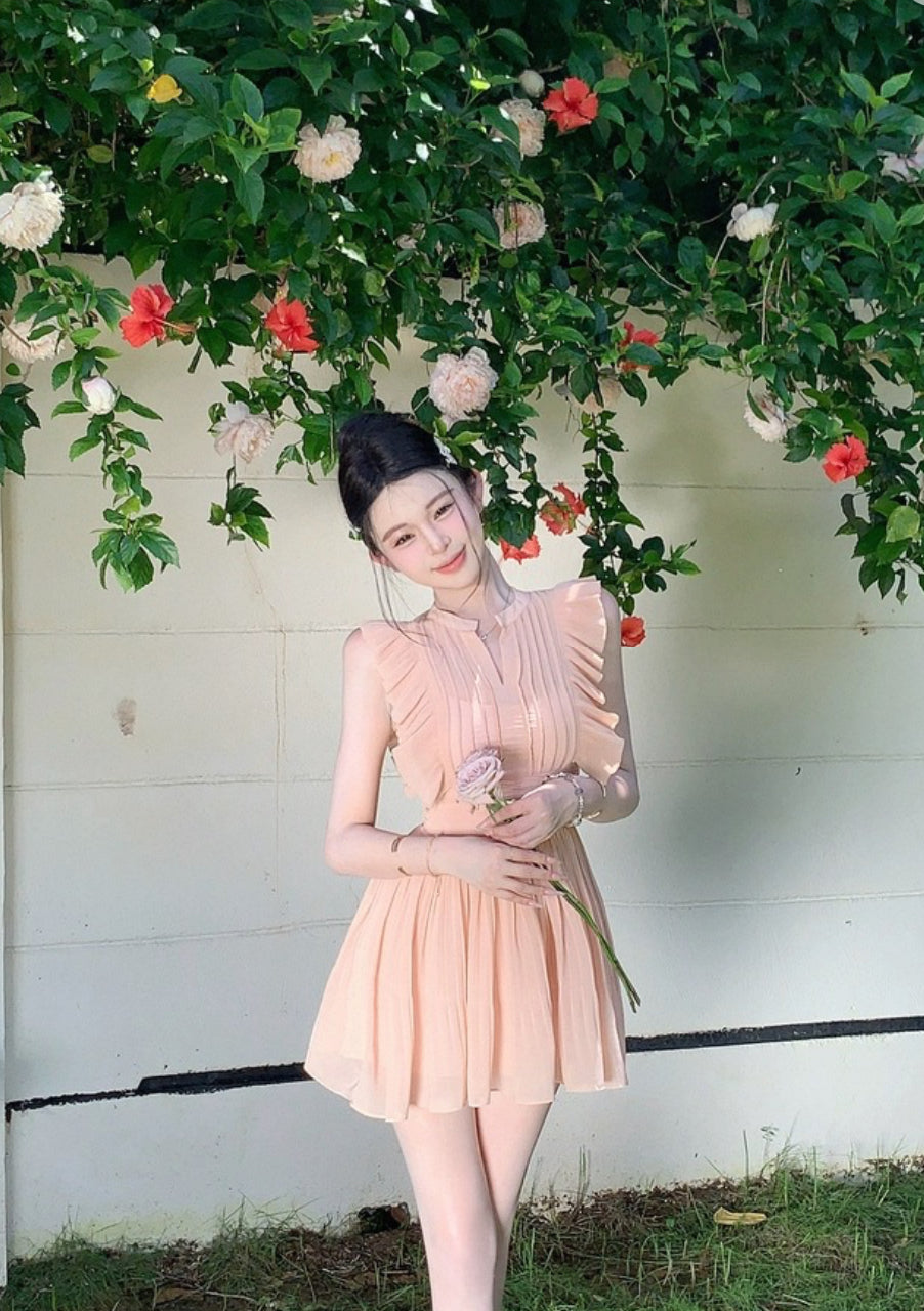 天鹅苏雪 雪纺无袖粉色温柔连衣裙 Swan Su Xue – Sleeveless Pink Chiffon Dress with Soft Elegance
