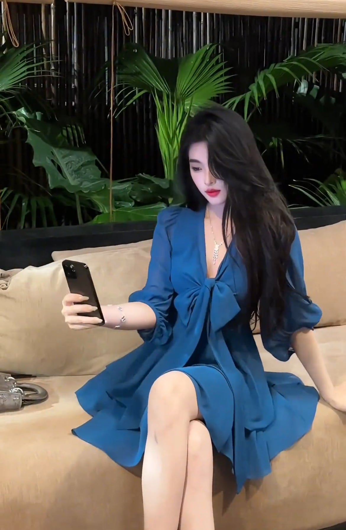 古早千金 遮肉雪纺孔雀蓝连衣裙 Vintage Princess Style V-Neck Chiffon Dress