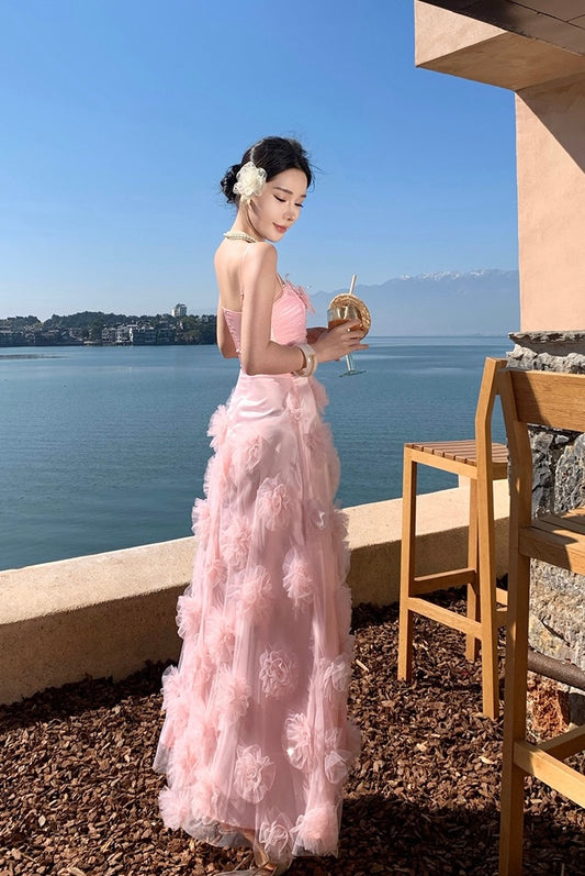 落樱晚风 高质量超仙儿花朵少女连衣裙 Sakura Twilight Premium Floral Fairy Maxi Dress in Soft Pink