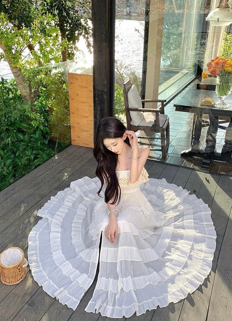 满天星辰 抹胸吊带花边连衣裙 Starry Sky Lace Trim Strapless Spaghetti Strap Dress