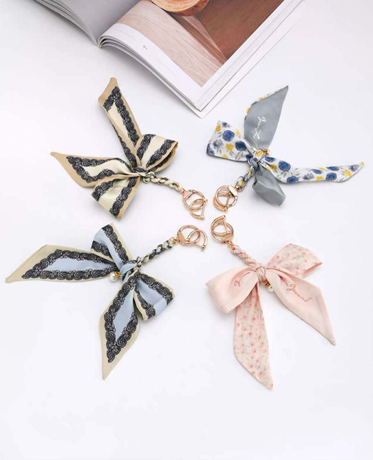 Bow-Tied Silk Scarf Bag Charm - Light Blue