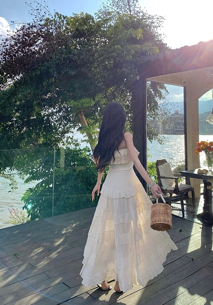 满天星辰 抹胸吊带花边连衣裙 Starry Sky Lace Trim Strapless Spaghetti Strap Dress
