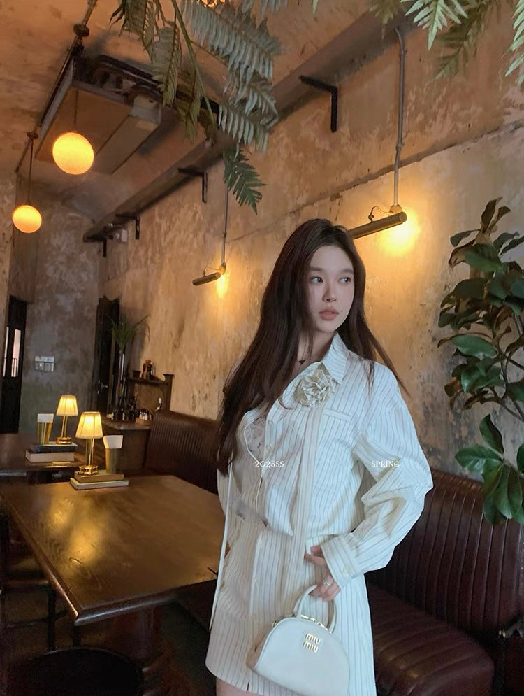 花花朵朵 条纹玫瑰花套装衬衫 Floral Striped Rose Print Set Shirt
