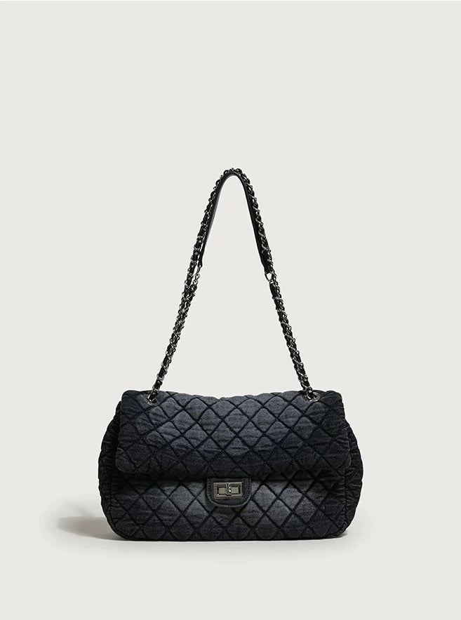 New Quilted Denim Chain Shoulder Bag for Women – Large Capacity
