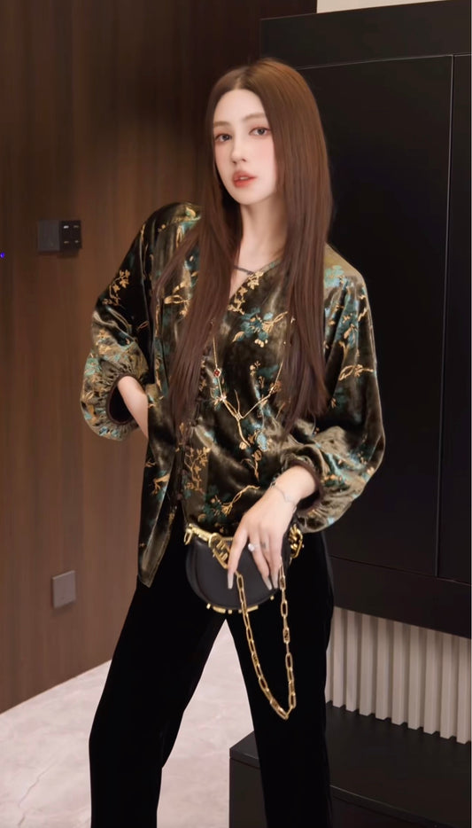 墨č˛ä¸ćš ć°ä¸ĺźä¸çťćčąä¸čĄŁ Ink Oriental ¡ New Chinese-Style Velvet Jacquard Top