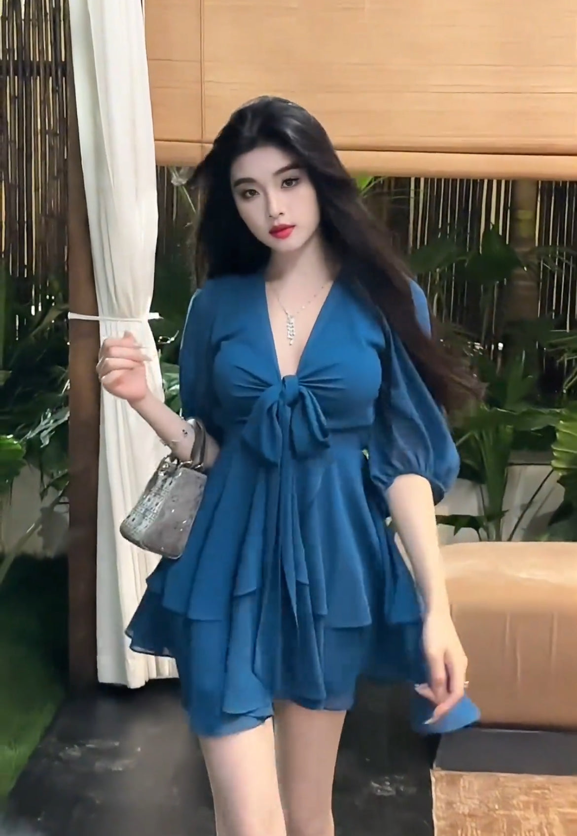 古早千金 遮肉雪纺孔雀蓝连衣裙 Vintage Princess Style V-Neck Chiffon Dress