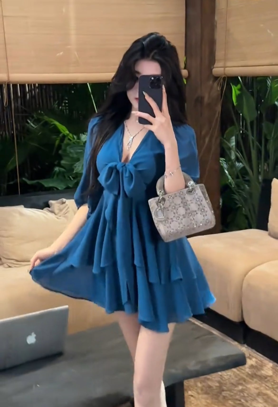 古早千金 遮肉雪纺孔雀蓝连衣裙 Vintage Princess Style V-Neck Chiffon Dress