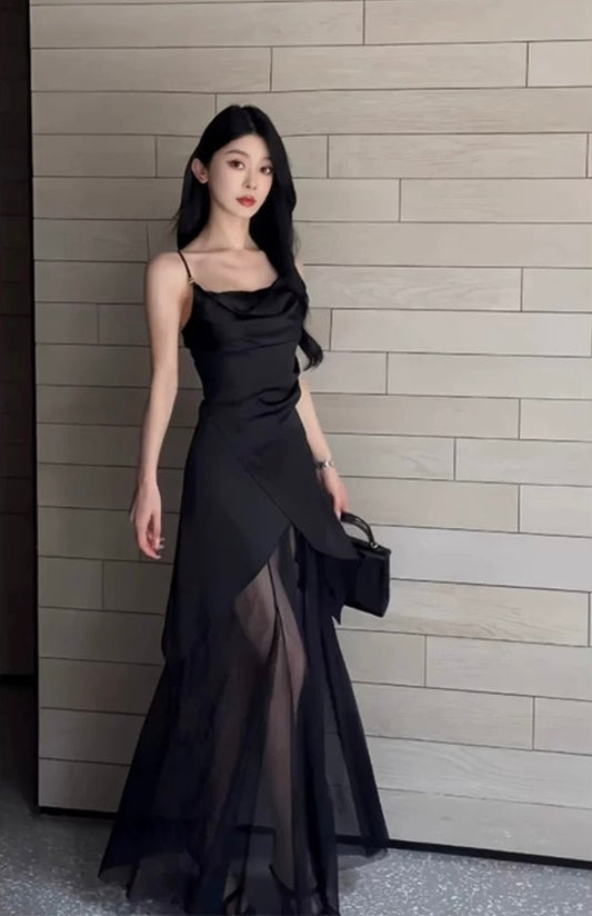 夏日来信 Summer’s Letter - Black Spaghetti Strap Mesh Panel Slim Fit Maxi Dress