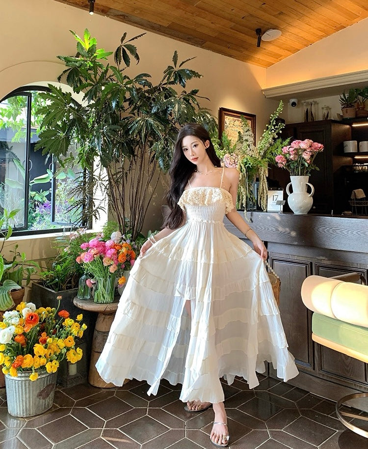 满天星辰 抹胸吊带花边连衣裙 Starry Sky Lace Trim Strapless Spaghetti Strap Dress