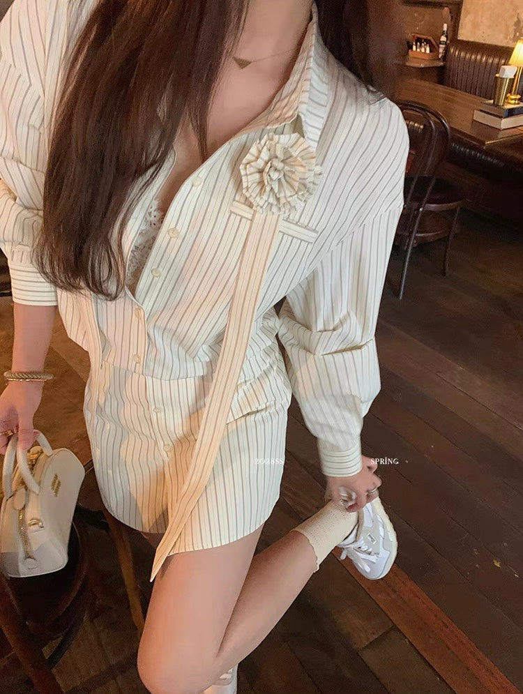 花花朵朵 条纹玫瑰花套装衬衫 Floral Striped Rose Print Set Shirt