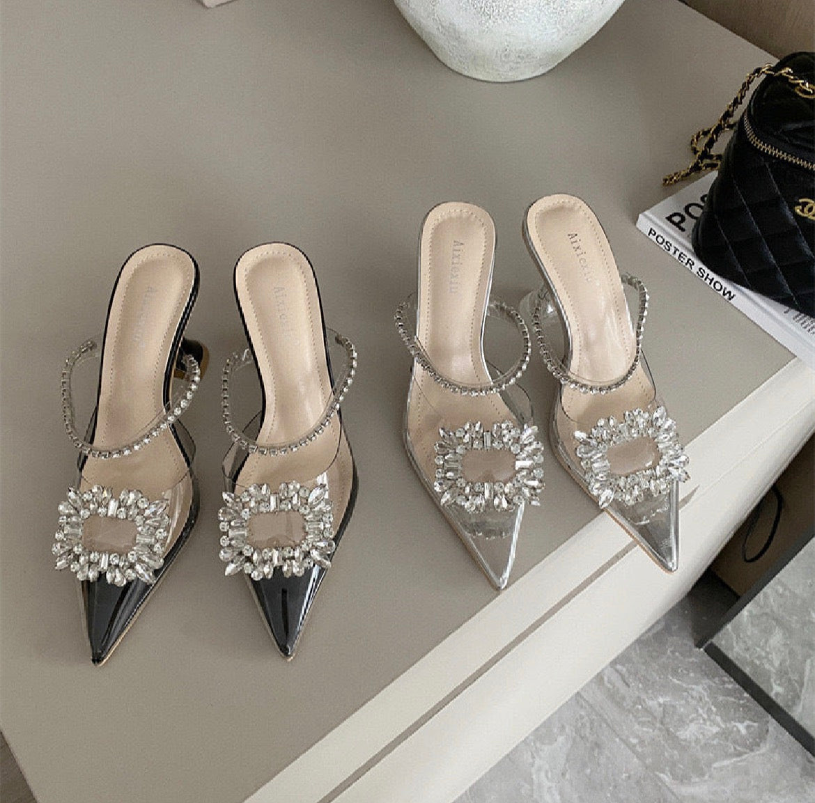 水晶水钻尖头高跟鞋 Crystal Rhinestone Pointed High Heel Shoes