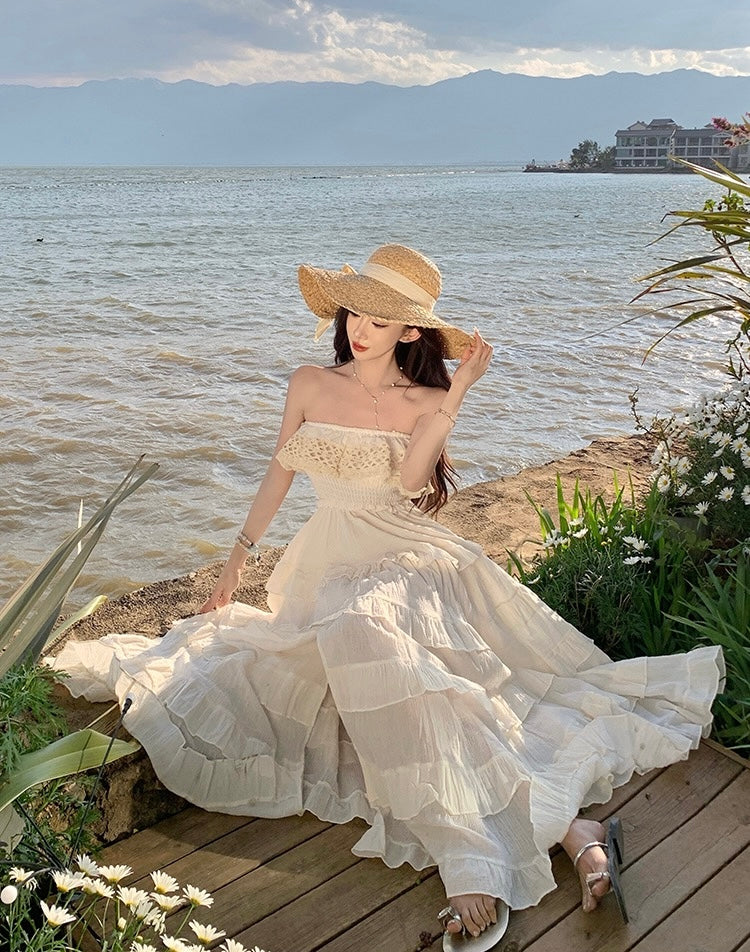满天星辰 抹胸吊带花边连衣裙 Starry Sky Lace Trim Strapless Spaghetti Strap Dress