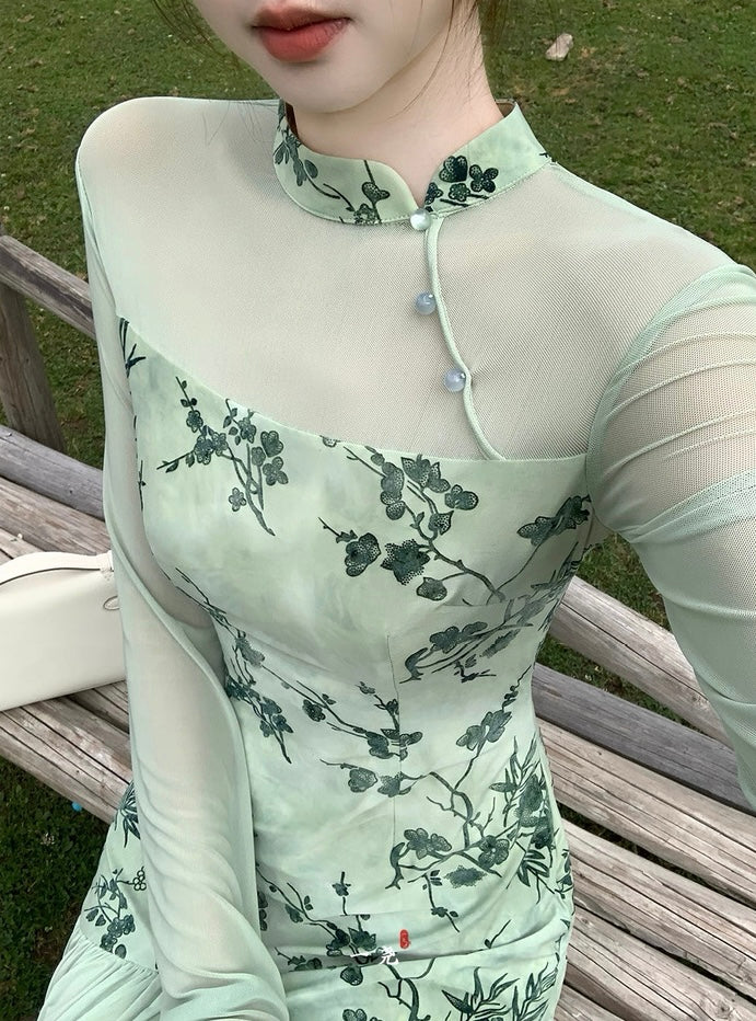 青山雾 长袖新中式温婉清雅旗袍 Qingshanwu Long-Sleeve New Chinese-Style Elegant Cheongsam