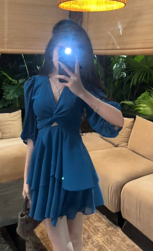 古早千金 遮肉雪纺孔雀蓝连衣裙 Vintage Princess Style V-Neck Chiffon Dress