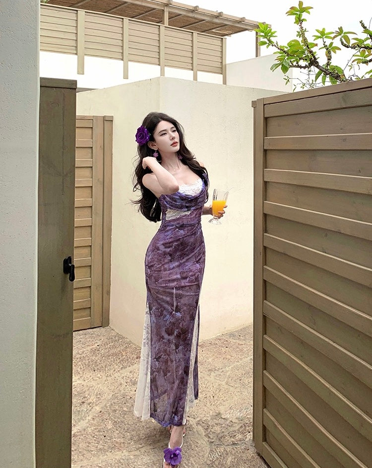 漫野栖蝶 轻熟风紫色收腰蕾丝长裙 Butterflies in the Wild – Elegant Purple Lace Maxi Dress with Cinched Waist