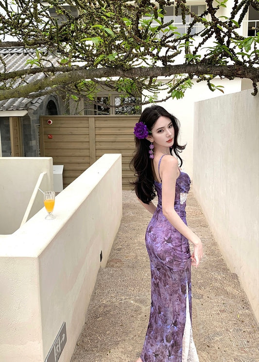 漫野栖蝶 轻熟风紫色收腰蕾丝长裙 Butterflies in the Wild – Elegant Purple Lace Maxi Dress with Cinched Waist