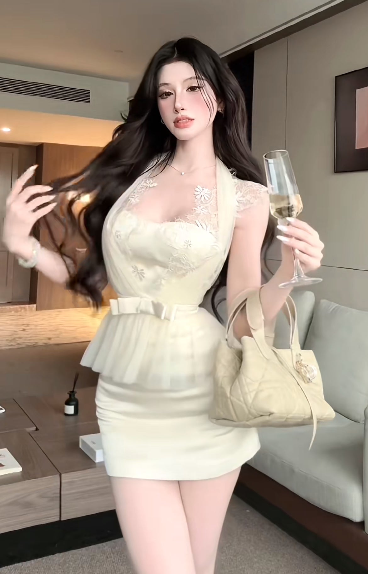 咖妃之恋 挂脖拼接网纱包臀裙套装 Coffee Romance: Halter Neck Mesh-Paneled Bodycon Skirt Set