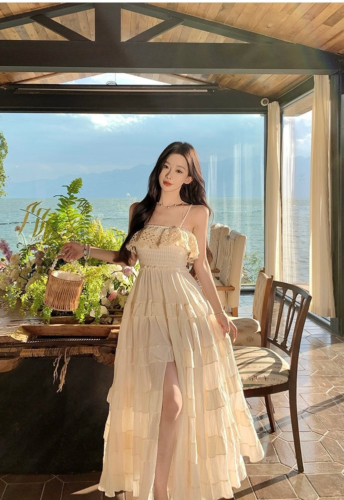 满天星辰 抹胸吊带花边连衣裙 Starry Sky Lace Trim Strapless Spaghetti Strap Dress