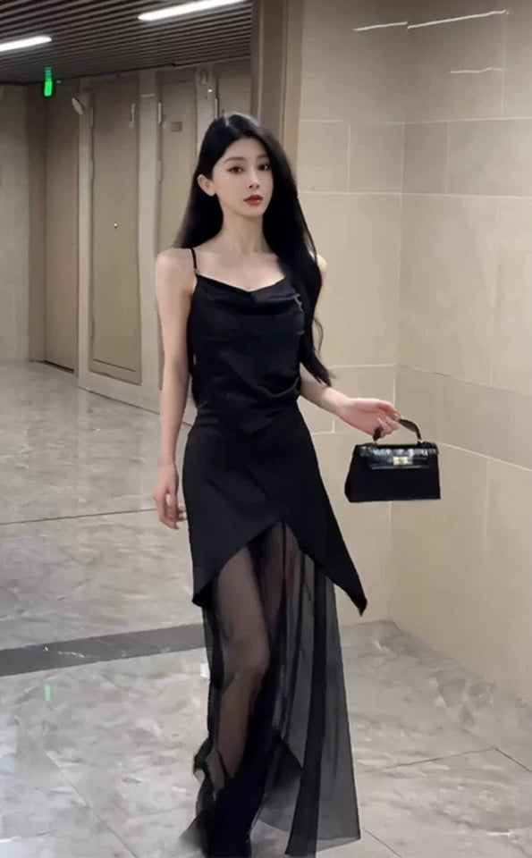 夏日来信 Summer’s Letter - Black Spaghetti Strap Mesh Panel Slim Fit Maxi Dress