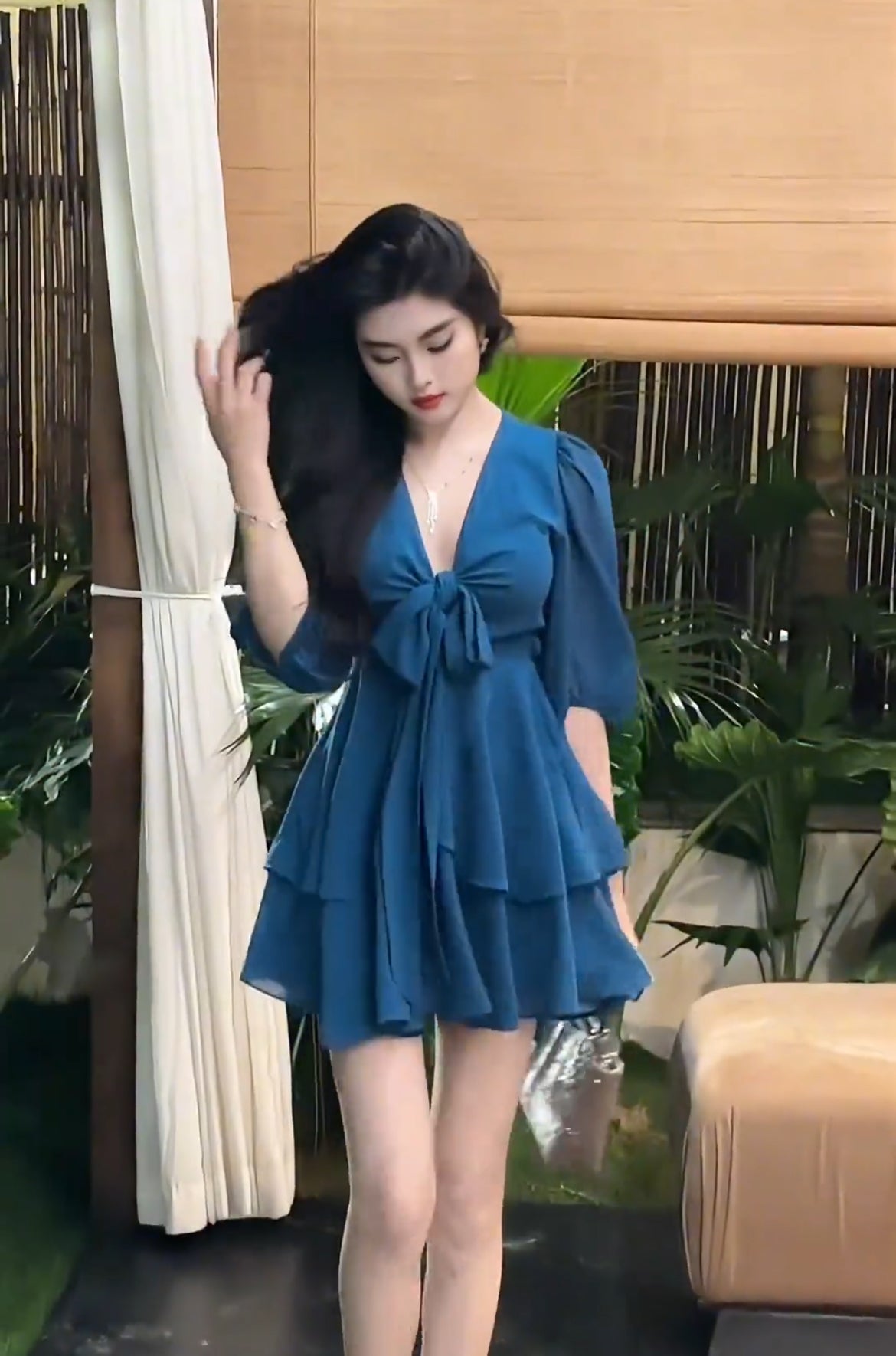 古早千金 遮肉雪纺孔雀蓝连衣裙 Vintage Princess Style V-Neck Chiffon Dress