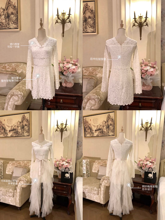 生日战裙 新款温柔风蕾丝网纱拖尾小礼裙 Birthday battle dress — new gentle-style lace tulle mini gown with a trailing hem