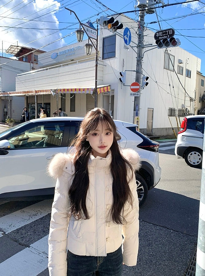 南区菲奥娜 秋冬脱卸帽毛领棉短款羽绒服 Nanqu Fiona Detachable Hood Faux Fur Collar Short Padded Down Jacket