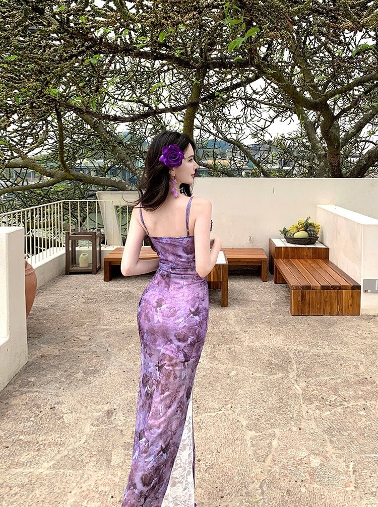 漫野栖蝶 轻熟风紫色收腰蕾丝长裙 Butterflies in the Wild – Elegant Purple Lace Maxi Dress with Cinched Waist