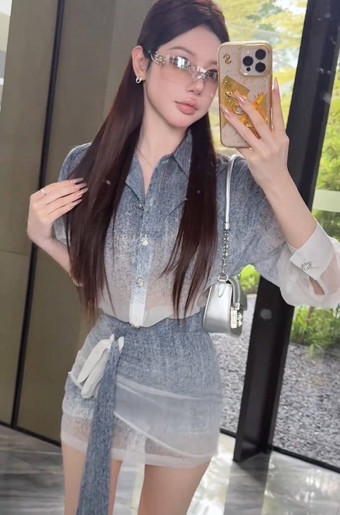 天空之境 小香渐变衬衫包臀裙套装 Sky Mirror Gradient Tweed-Style Blouse and Pencil Skirt Set