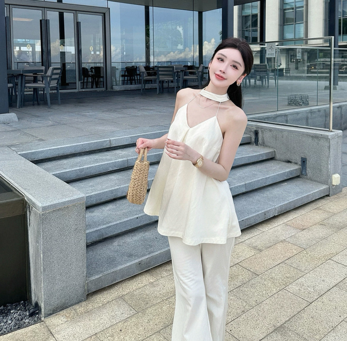 纯欲轻氧 挂脖吊带喇叭裤套装 Pure and Airy Halter Neck Cami with Flared Pants Set