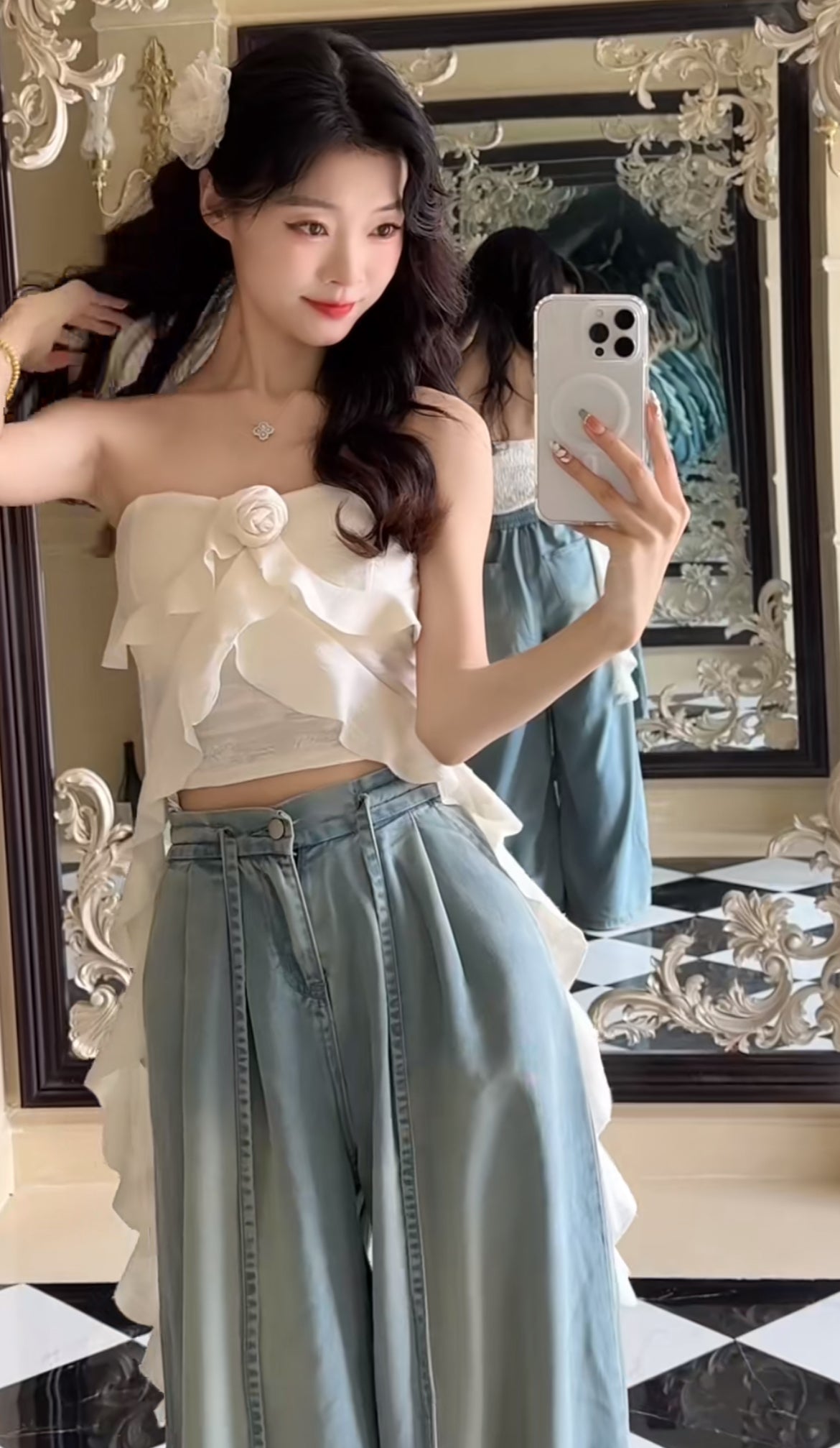悠然小姐 玫瑰抹胸牛仔阔腿裤套装 Miss Serenity Rose Denim Tube Top and Wide-Leg Pants Set