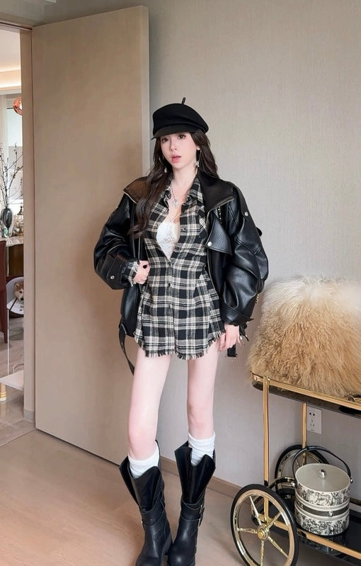 黑咖炭格 复古秋冬慵懒风格子衬衫 Black & Coffee Plaid Vintage Relaxed-Fit Shirt