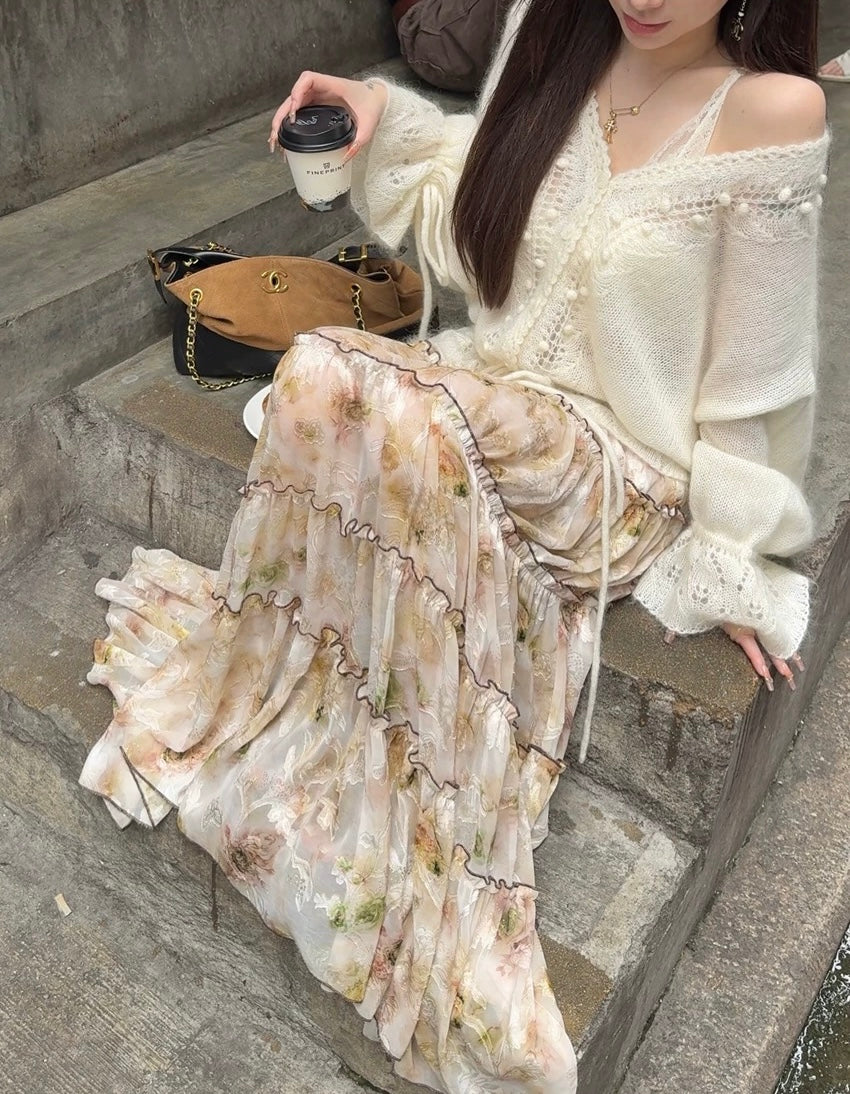 暖朵毛衣 镂空钩宽松抽绳毛衣上衣 Warm Blossom Sweater – Loose Drawstring Crochet Knit Top