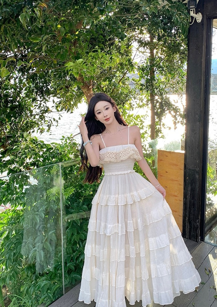 满天星辰 抹胸吊带花边连衣裙 Starry Sky Lace Trim Strapless Spaghetti Strap Dress