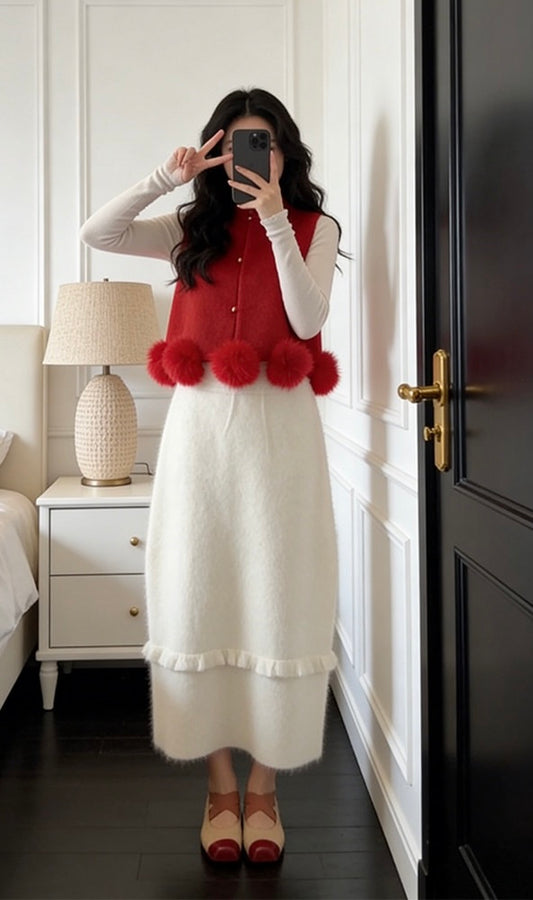 小福禄 软糯针织三件套 The Lucky Cocoon | Wool-Blend Knit Skirt with Ruffle Trim