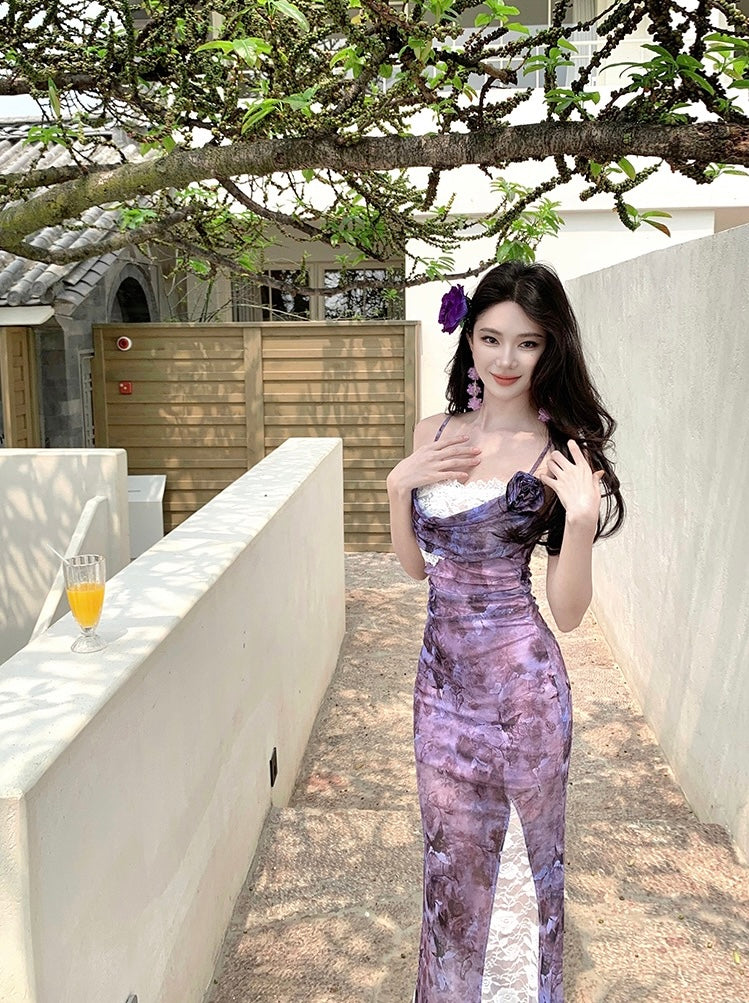 漫野栖蝶 轻熟风紫色收腰蕾丝长裙 Butterflies in the Wild – Elegant Purple Lace Maxi Dress with Cinched Waist