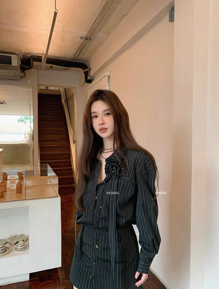 花花朵朵 条纹玫瑰花套装衬衫 Floral Striped Rose Print Set Shirt