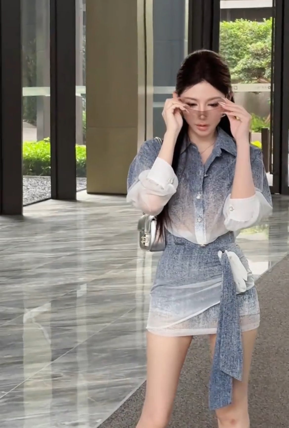 天空之境 小香渐变衬衫包臀裙套装 Sky Mirror Gradient Tweed-Style Blouse and Pencil Skirt Set