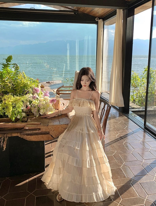 满天星辰 抹胸吊带花边连衣裙 Starry Sky Lace Trim Strapless Spaghetti Strap Dress