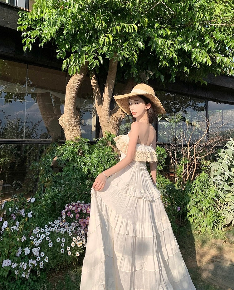 满天星辰 抹胸吊带花边连衣裙 Starry Sky Lace Trim Strapless Spaghetti Strap Dress