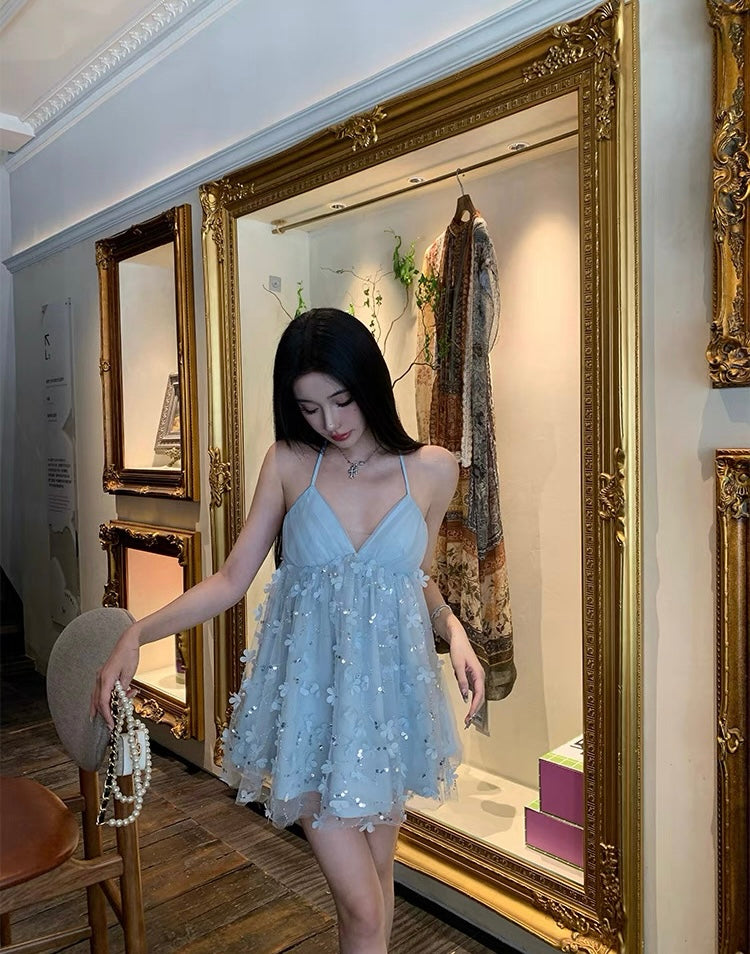 蓝色精灵 立体花朵挂脖吊带连衣裙 Blue Fairy 3D Floral Halter Neck Cami Dress