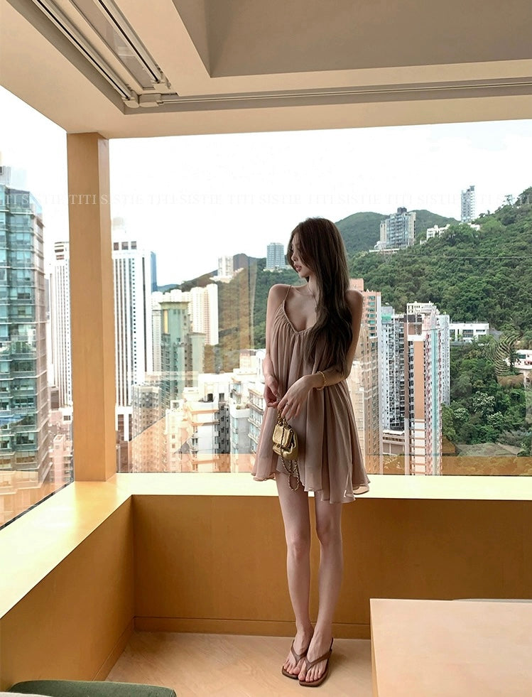 浪漫匿名 雪纺连衣裙露背挂脖连衣裙 Romantic Anonymous Backless Halter Neck Chiffon Dress