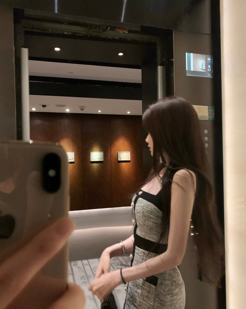 香香典藏 灰色撞色小香风连衣裙 Xiang Collection Grey Color-Block French Chic Dress