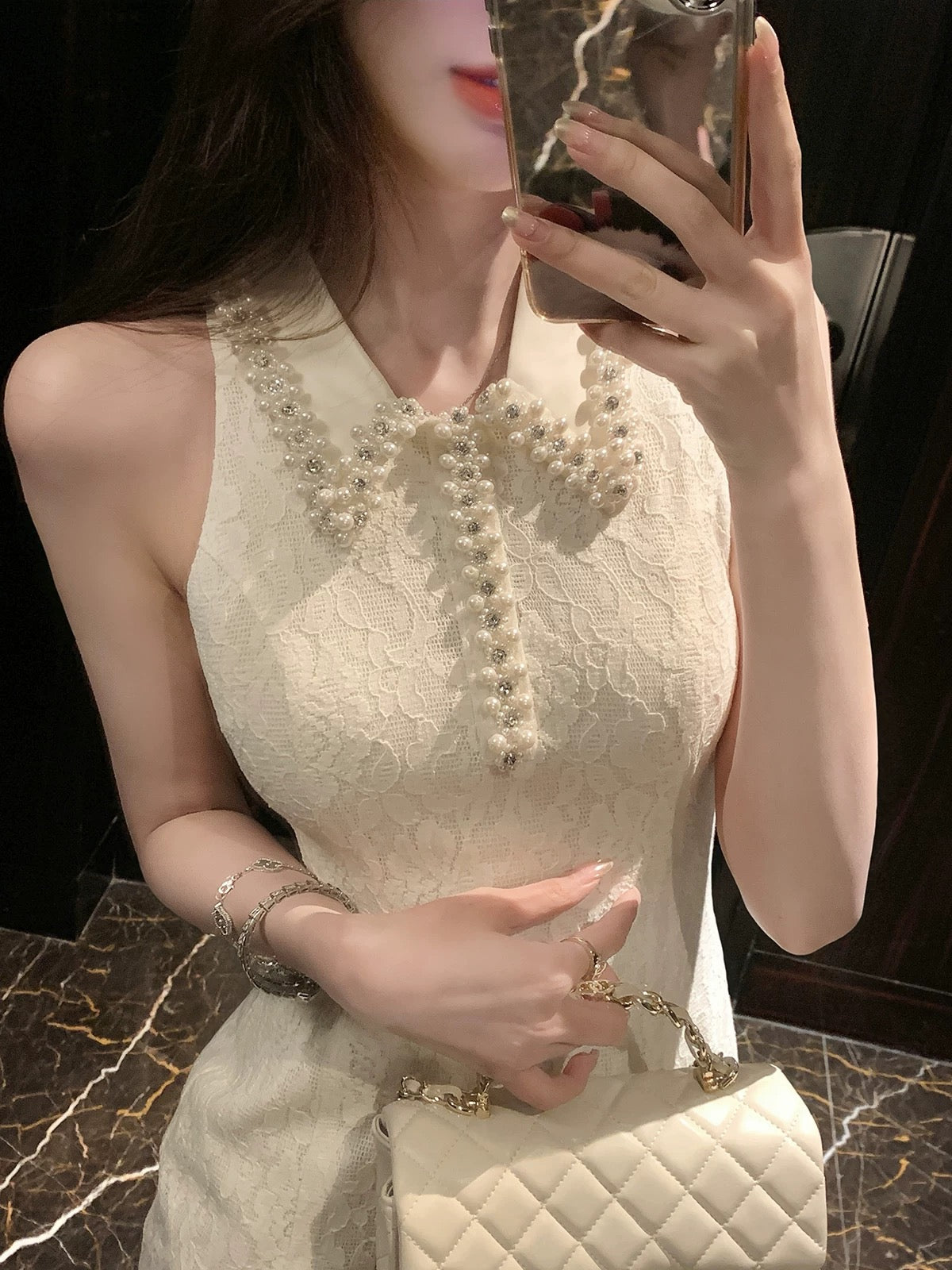 星夜私语 重工珍珠短裙无袖连衣裙 Starlit Whisper Heavily Embellished Pearl Mini Sleeveless Dress