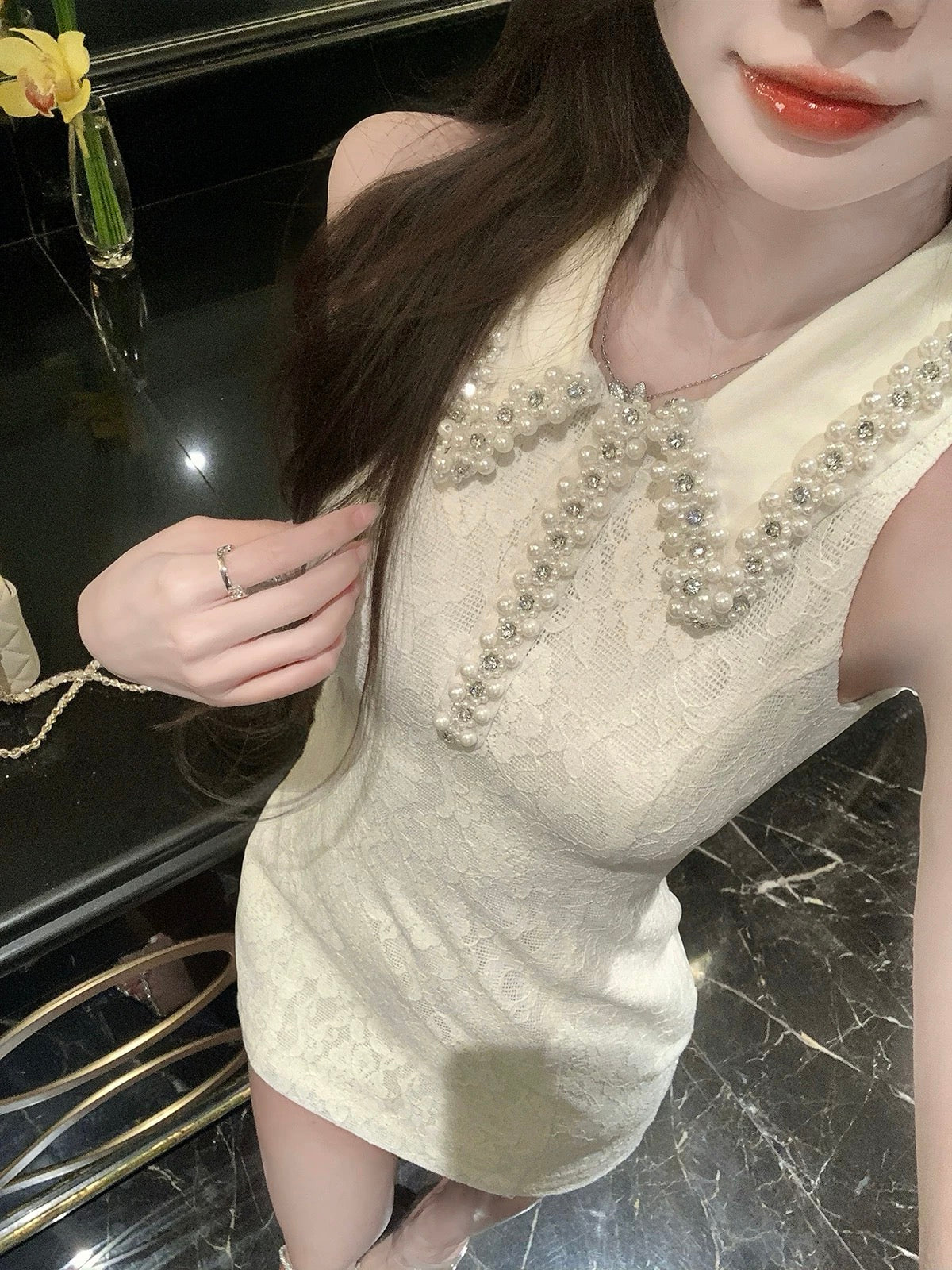 星夜私语 重工珍珠短裙无袖连衣裙 Starlit Whisper Heavily Embellished Pearl Mini Sleeveless Dress
