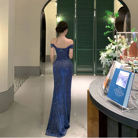 高贵可可 高级感闪闪亮一字肩抹胸连衣裙 Noble Cocoa Shimmer Off-Shoulder Strapless Dress
