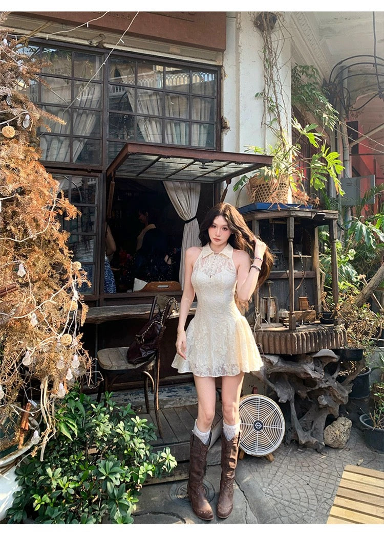 奶绒陷阱 气质挂脖蕾丝连衣裙 Milky Soft Trap Elegant Halter Lace Dress