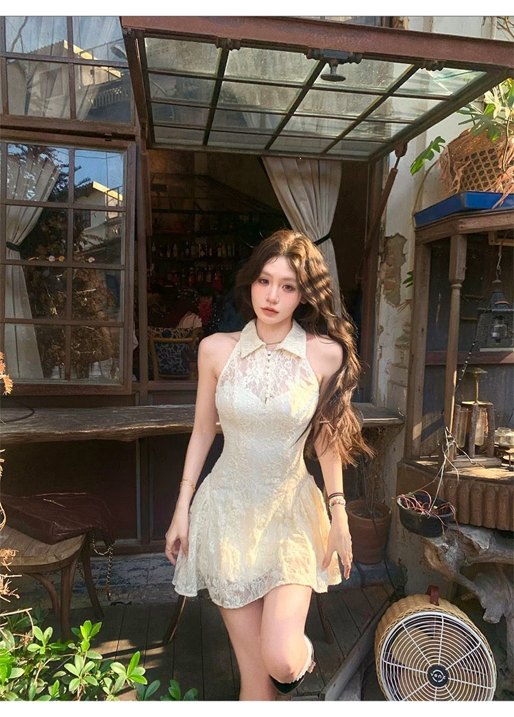 奶绒陷阱 气质挂脖蕾丝连衣裙 Milky Soft Trap Elegant Halter Lace Dress