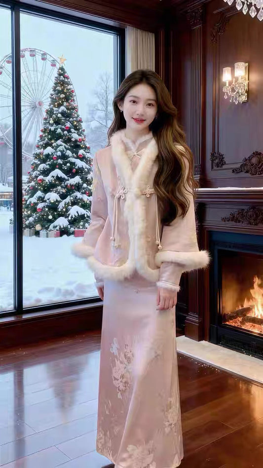 冬年 富家千金新中式提花外套半身裙套装 Winter Elegance New Chinese Jacquard Jacket and Skirt Set for Wealthy Heiress Style